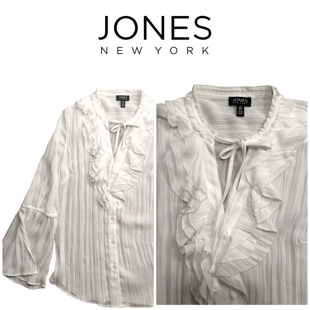 Jones New York SHEER White Pinstripe BELL Sleeve Button Up Ruffle Neckline w/Tie